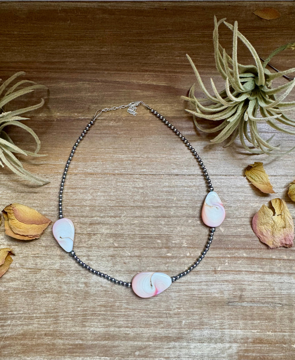 Sterling Silver Choker – 3 Flat Pink Conch Teardrops – 14.5" Approx.
