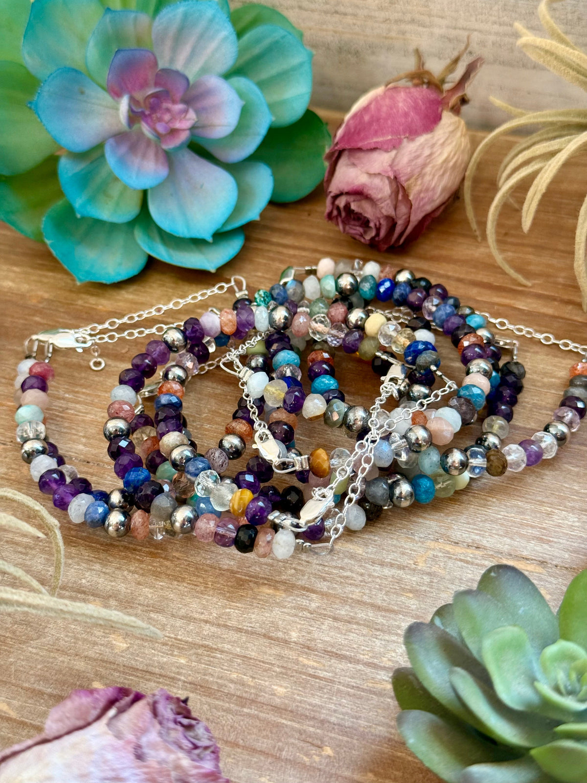 6.25” Mixed Gemstone Bracelet – 6mm Sterling Silver Pearls