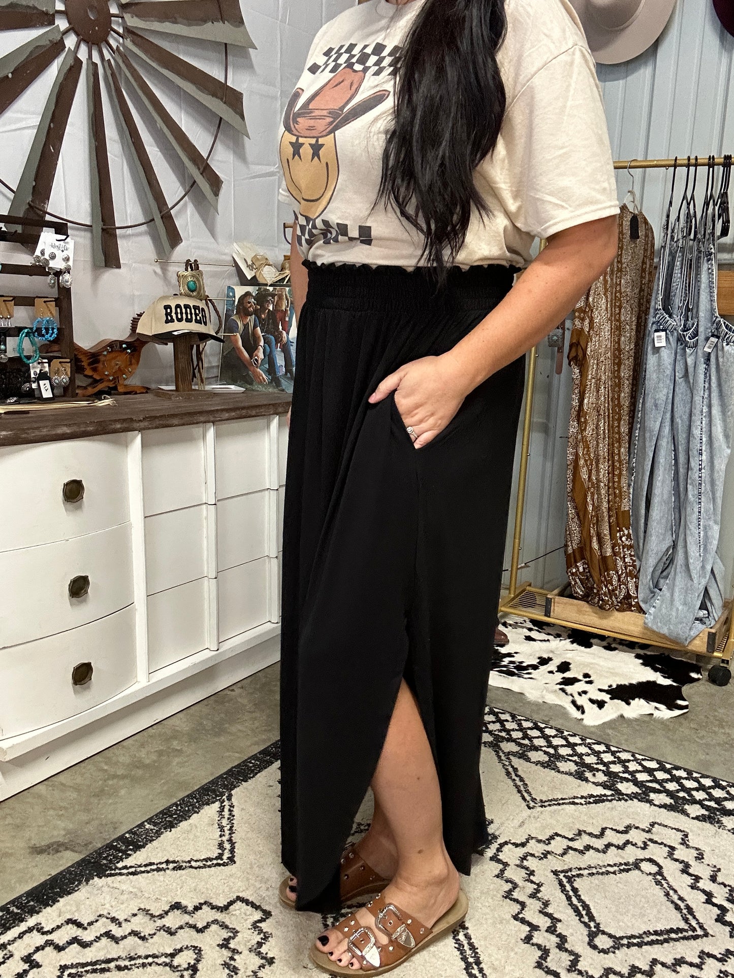 Smocked Waist Side Slit Maxi Skirt