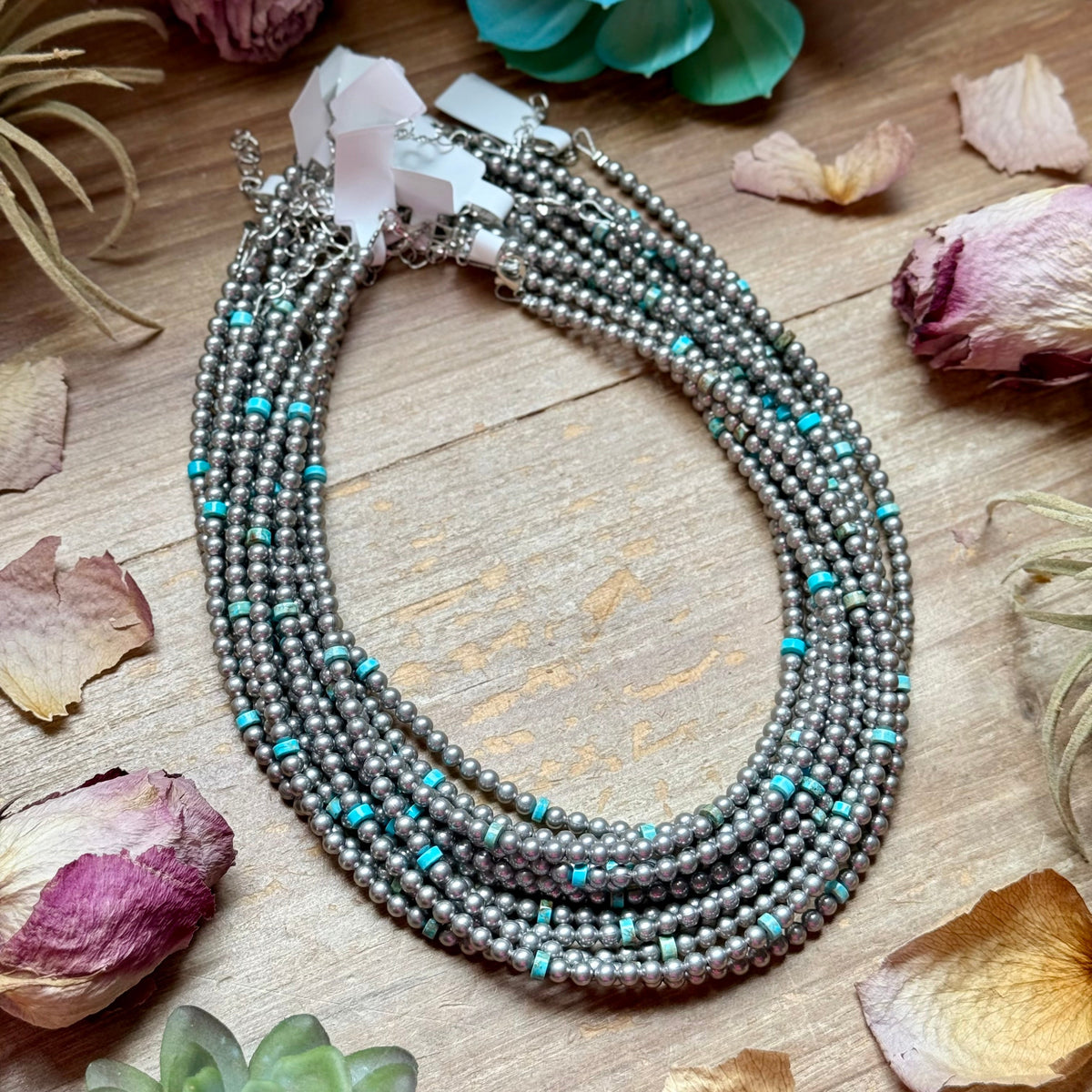 15” Variscite Turquoise Heishi Necklace –  4mm Silver Plated beads
