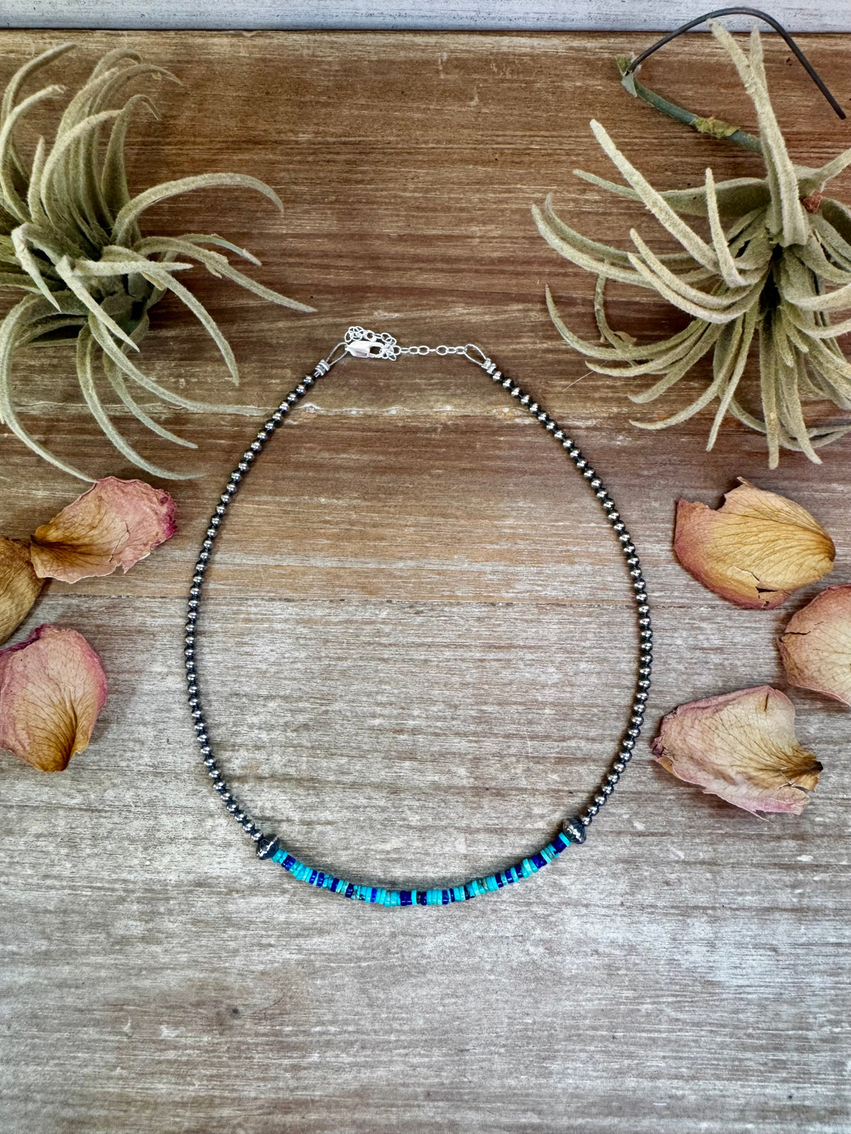 Lapis & Turquoise Heishi Choker – 14" Sterling Silver Beads