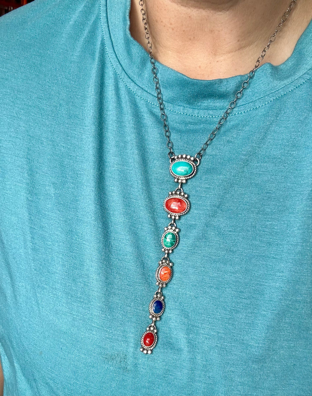 Sterling Silver Lariat Necklace – Native Made – Turquoise, Spiny, & Lapis Charms – One of a Kind