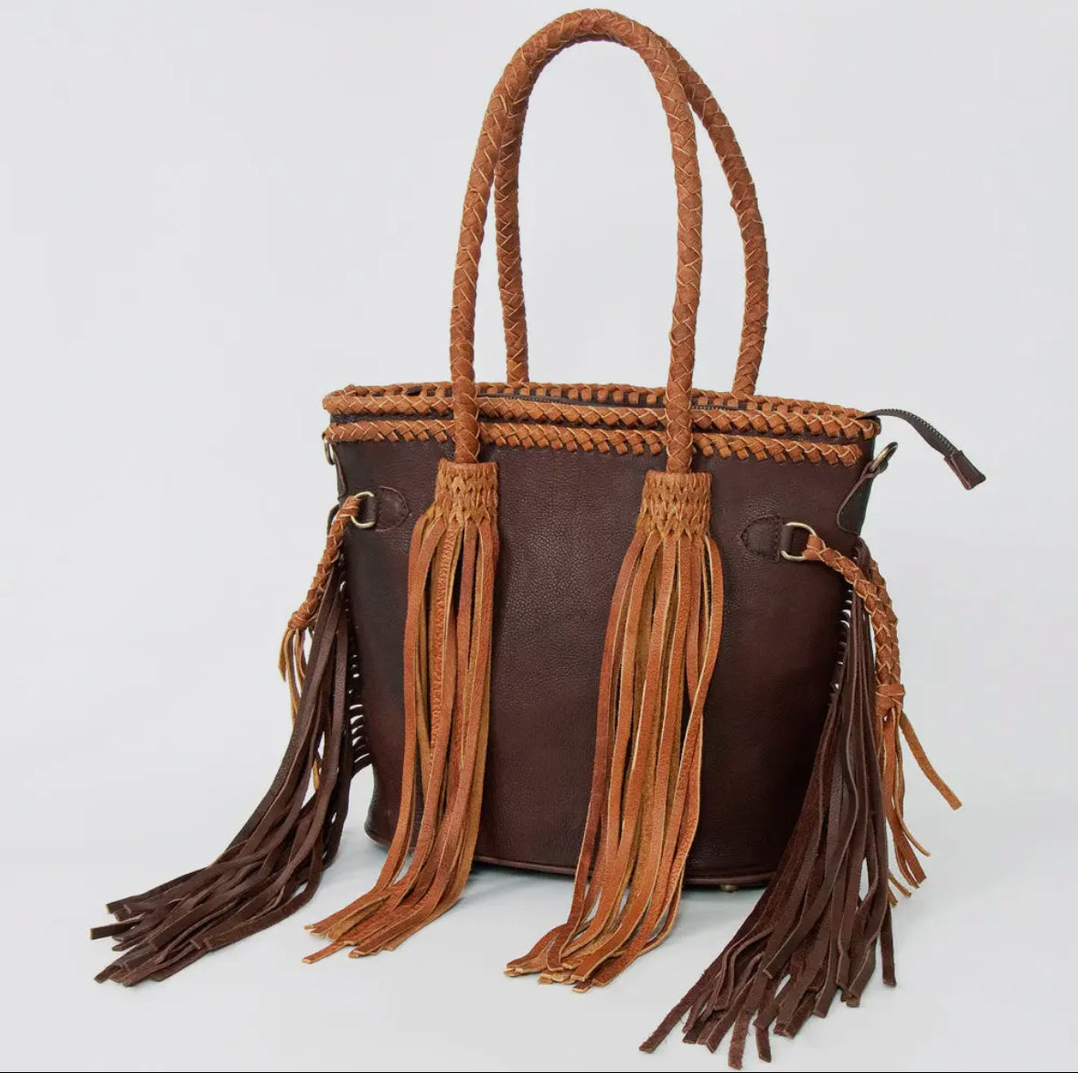 Leather Fringe and Braided Tote Bag