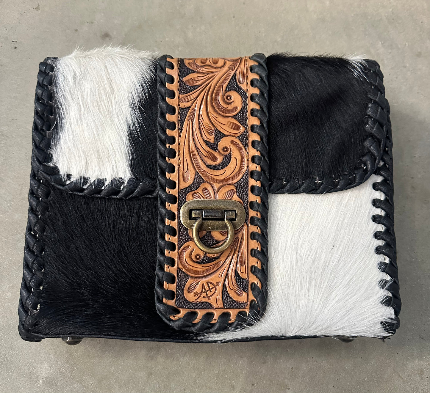 Cowhide & Tooled Leather Crossbody - Whipstitch Trim