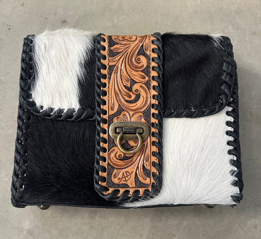 Cowhide & Tooled Leather Crossbody - Whipstitch Trim