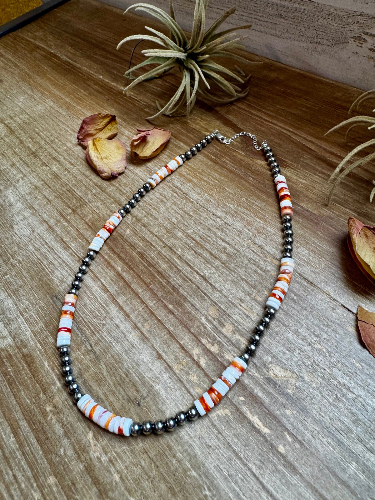 17-Inch Sterling Silver Pearl & Spiny Oyster Necklace