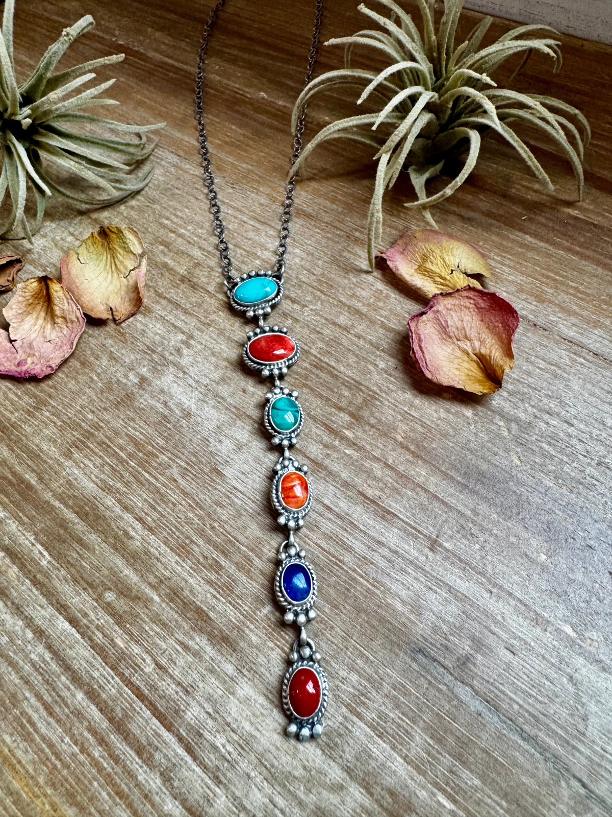 Sterling Silver Lariat Necklace – Native Made – Turquoise, Spiny, & Lapis Charms – One of a Kind