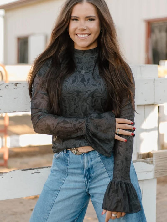 Tooled In Black Mesh Top