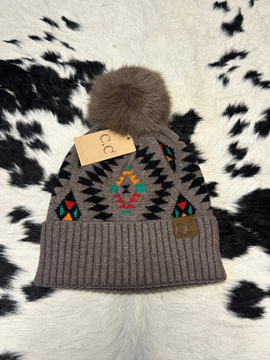 Aztec Beanie with Faux Fur Pom-Pom