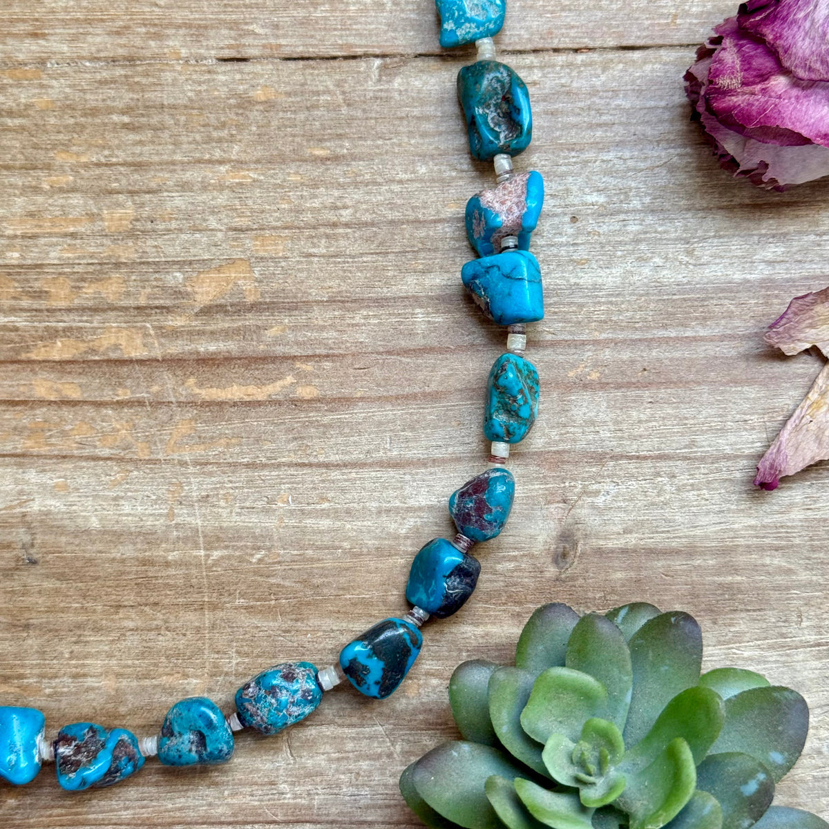 Blue Turquoise Nugget & Shell Necklace – 26”
