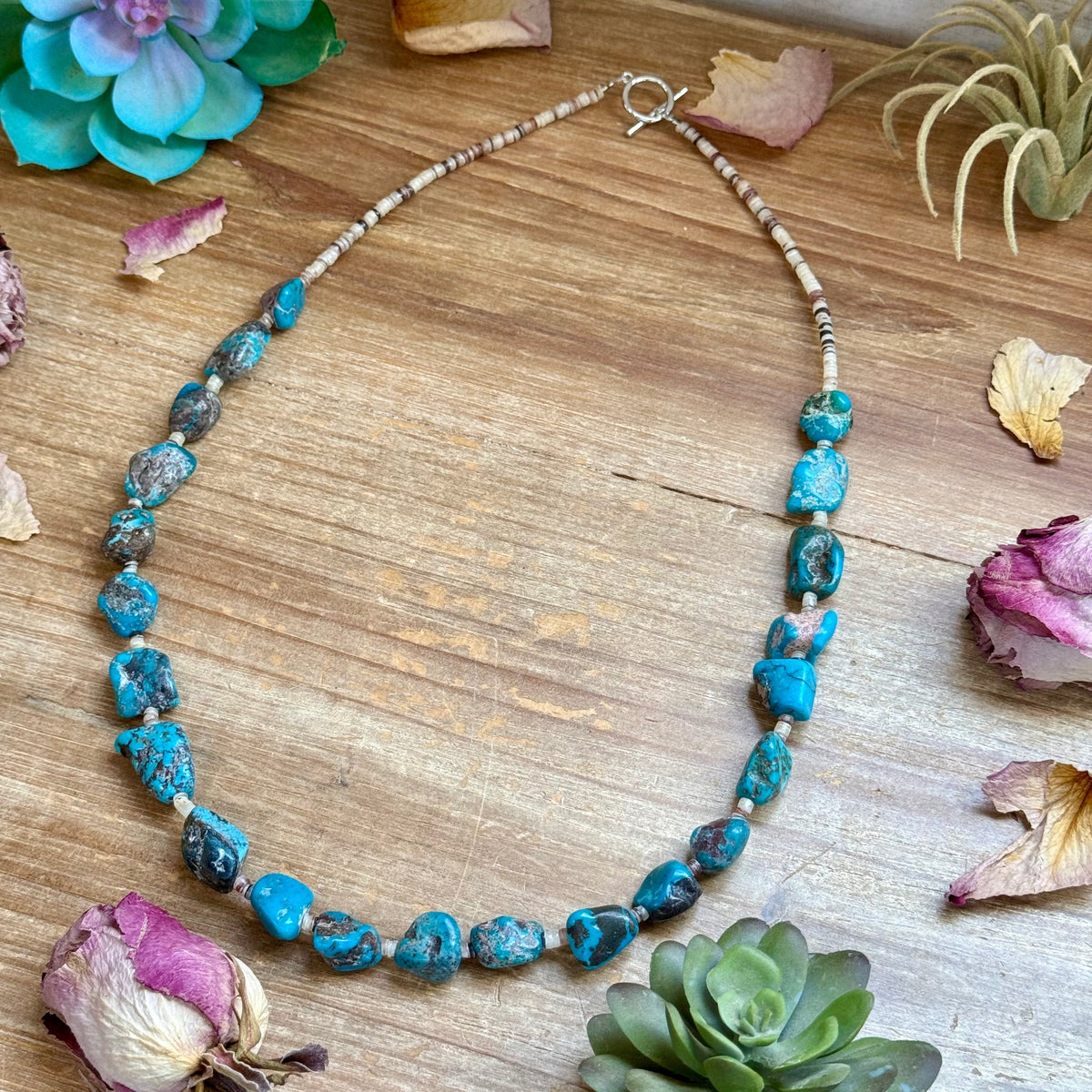 Blue Turquoise Nugget & Shell Necklace – 26”