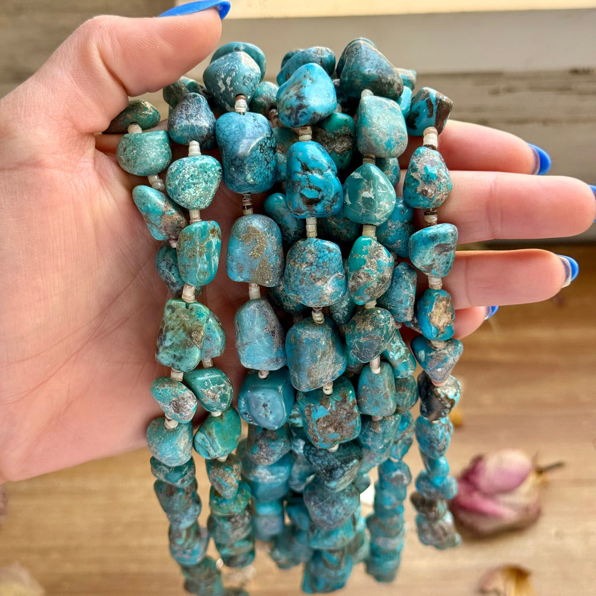 Blue Turquoise Nugget & Shell Necklace – 26”