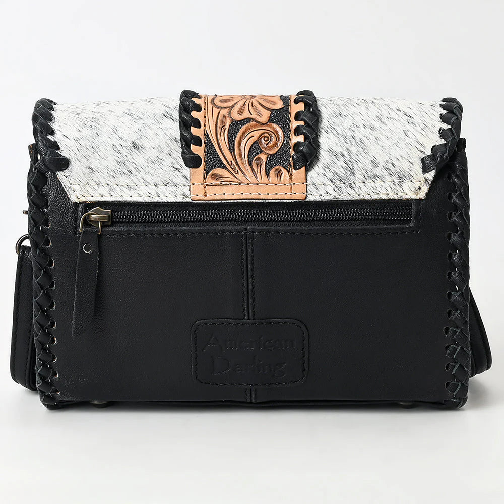 Cowhide & Tooled Leather Crossbody - Whipstitch Trim