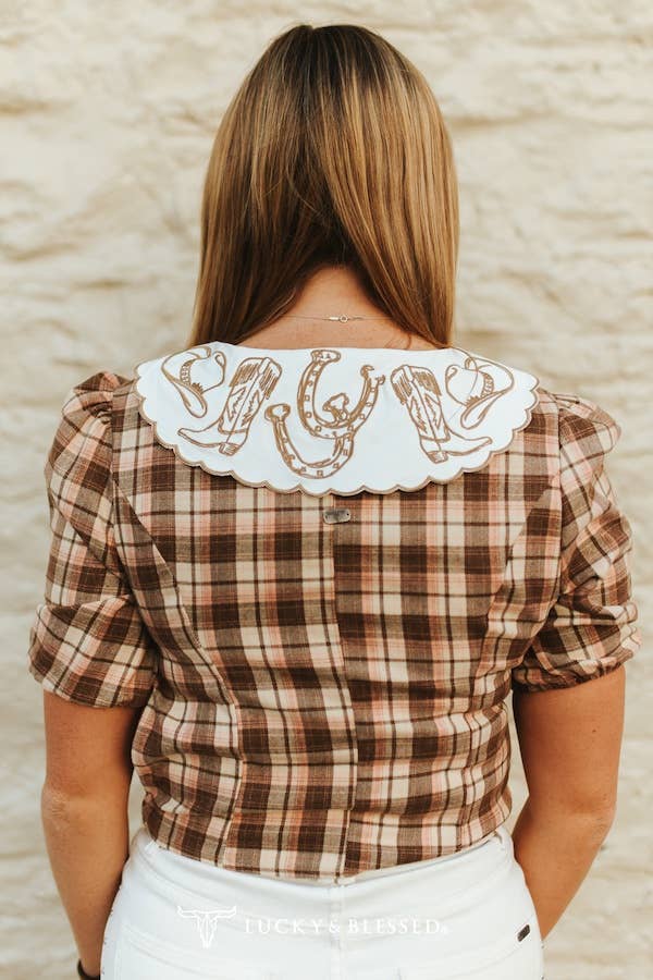 Plaid Puff Sleeve Blouse With Embroidered Collar