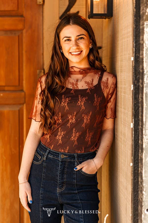 Brown Lace Short Sleeve Stretch Top