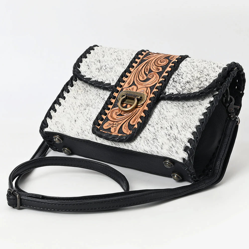 Cowhide & Tooled Leather Crossbody - Whipstitch Trim